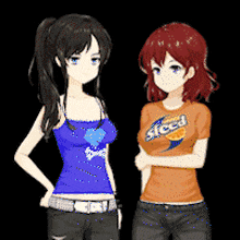two anime girls standing next to each other one wearing a shirt that says speed