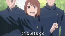 a group of anime characters are standing next to each other with the words `` triplets gc '' on the bottom .