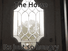 a stained glass window with the words the horse its just so hungry