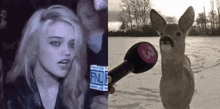 a woman talking into a microphone next to a deer with the number 3 on its nose