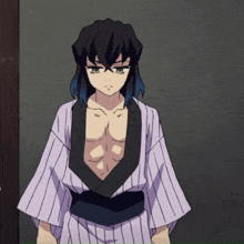 a cartoon character with blue hair and green eyes is wearing a striped kimono