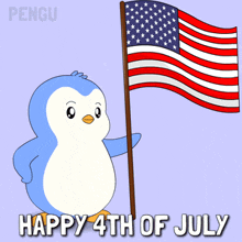 a penguin is holding an american flag with the words happy 4th of july below it