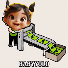 a cartoon of a baby standing next to a conveyor belt with money coming out of it and the words babyyolo below it .