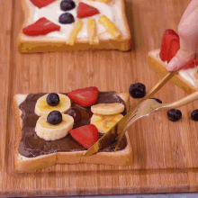 a slice of bread with bananas strawberries blueberries and chocolate spread on it