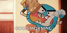 gumball from the amazing world of gumball is holding a box of cereal and a carton of milk .