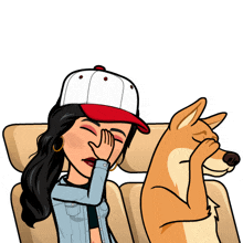 a cartoon of a woman and a dog covering their face