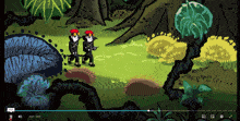 two cartoon characters are walking through a lush green forest with a play button in the lower right corner