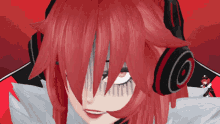a close up of a red haired anime character with headphones on