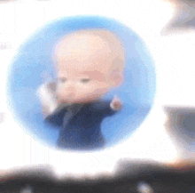 a baby in a suit is holding a cell phone in a blue bubble .