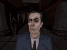a man in a suit and tie is standing in a hallway with a sign that says ap on it
