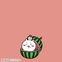 a cartoon drawing of a watermelon with a monkey on top of it