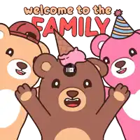 a cartoon of three teddy bears standing next to each other with the words welcome to the family above them