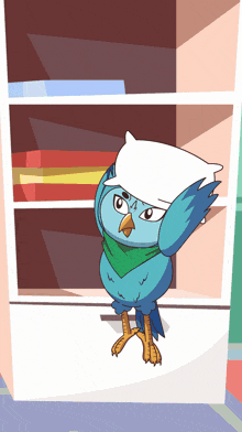 a cartoon bird holding a pillow over its head