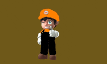 a cartoon character is wearing an orange hat and overalls and giving a thumbs up