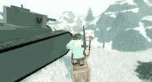 a cartoon character standing next to a tank in a snowy landscape
