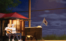 a man playing a guitar next to a woman sitting on a bench with a korean flag in the background