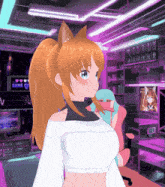 a girl with a ponytail is standing in front of a sign that says game over