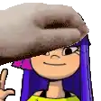 a cartoon girl with purple hair is wearing a hat and giving the thumbs up sign .
