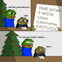 a cartoon of a frog writing a wishlist for santa