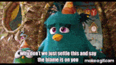 two angry birds wearing party hats are standing next to each other