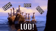 a group of seagulls are standing on a rock in the ocean with the words lod flying around them