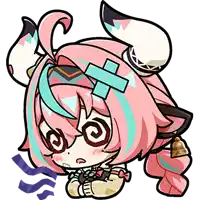 a cartoon drawing of a girl with pink hair and a cross on her head