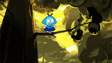 a cartoon character is standing on a tree branch in the woods