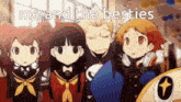 a group of anime characters standing next to each other with the words me and the besties written on the bottom