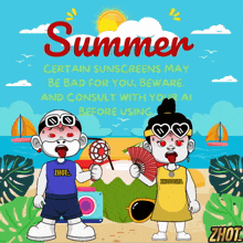a cartoon of a man and a woman on a beach with the words summer certain sunscreens may be bad for you beware