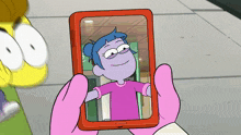 a cartoon character taking a selfie with a phone