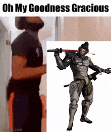 a man with a beard is standing next to a picture of a robot holding a sword and a gun