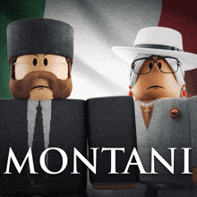 a man and a woman are standing next to each other with the word montani written on the bottom