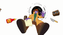 a cartoon character with a purple face has the letter w on his chest