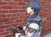 a man with blue hair is standing in front of a brick wall