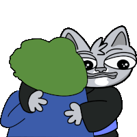a cartoon cat is hugging another cat with a green head