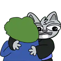 a cartoon cat is hugging another cat with a green head