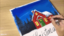 a painting of a red barn with snow on the roof