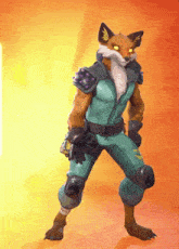 a fox in a green jumpsuit with spikes on the shoulder holds a gun