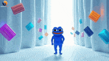 a blue frog is standing in front of a white curtain surrounded by colorful objects
