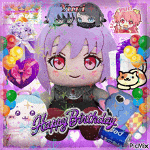 a picture of a stuffed doll with the words happy birthday written on it