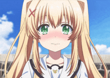 a blonde anime girl with green eyes and a red x on her forehead