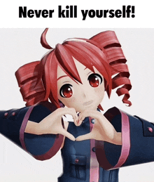 a girl with red hair is making a heart with her hands and the words never kill yourself above her