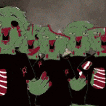 a group of zombies are standing next to each other with their mouths open and bloody hands .