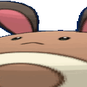 a close up of a cartoon rabbit 's face with ears and a mouth .
