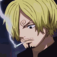 a close up of a man smoking a cigarette with a swirl on his forehead