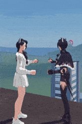 a girl in a white skirt is standing next to another girl