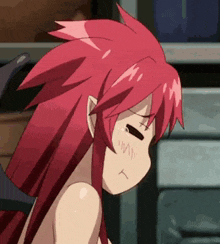 a close up of a red haired anime girl making a face .