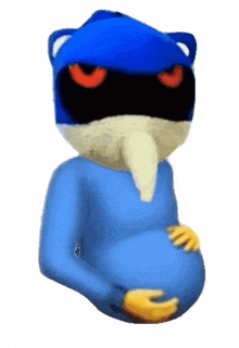 a blue cartoon character is holding his belly with his hands