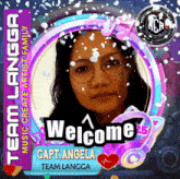 a picture of a woman wearing glasses and a welcome sign