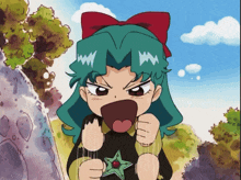 a girl with green hair and a red bow on her head